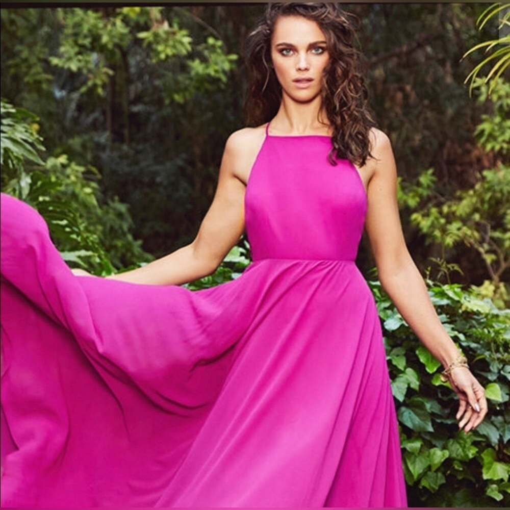 Leshop Fuchsia Pink Georgette Full Length Gown Open Back & Crisscross Straps S - Picture 6 of 6